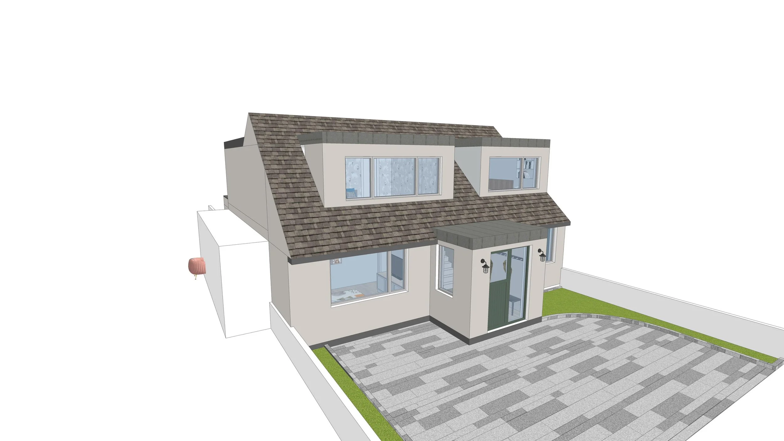 Diagram of a floor plan showing a square room on the left and an adjacent rectangular room on the right. The right room features arrows indicating movement or extension outward, with a double-headed horizontal arrow between the rooms and upward/downw