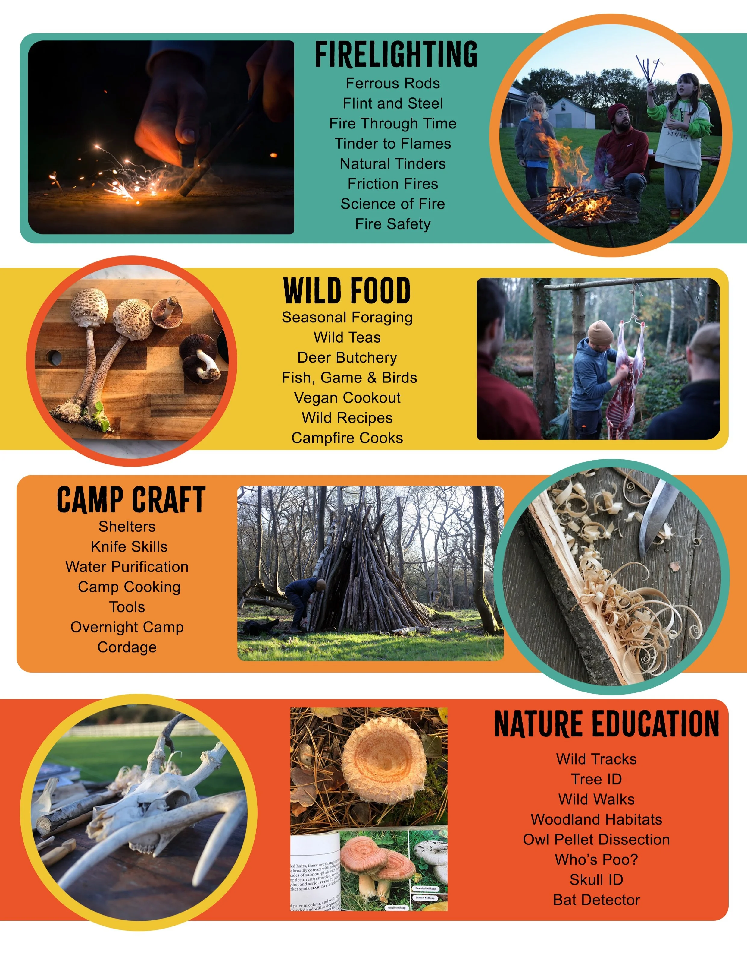 Firelighting Sessions, Wild Food, Foraging, Friction Fire, Natural Shelters, Nature Education, Camp Craft, Wood Carving, Deer Butchery, Knife Skills, Spoon Carving, Water Purification, Adventure,