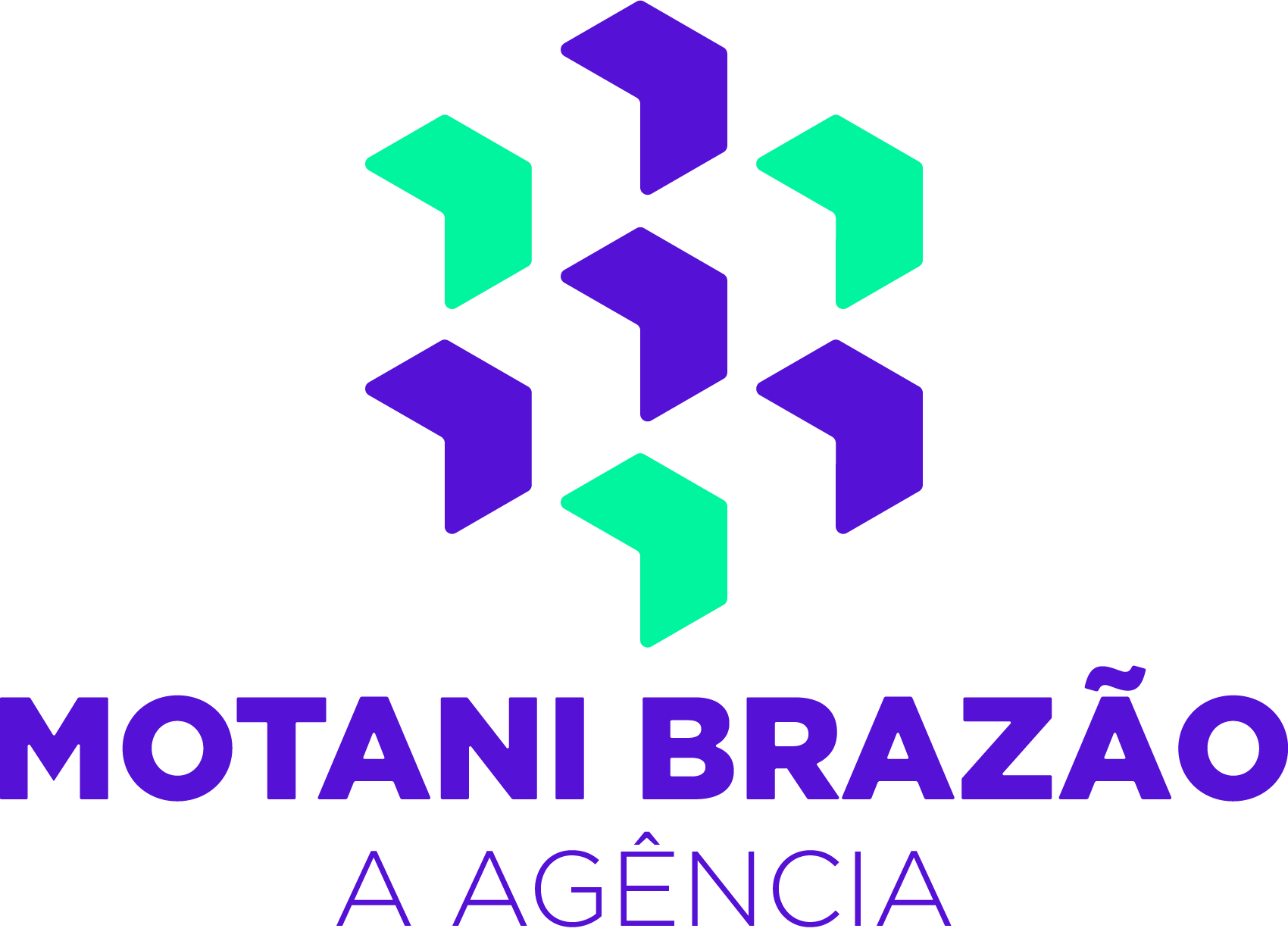 Logo com elementos geométricos em cores azul e verde e texto em português que diz 'Motani Brazão A Agência'.