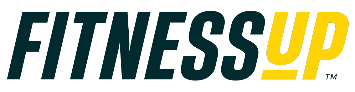 Logotipo com as palavras "FITNESS UP" em letras maiúsculas, com "FITNESS" em cor escura e "UP" em amarelo.