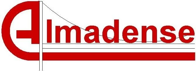 Logotipo da Almaden, com símbolo circular e nomes em vermelho e branco.