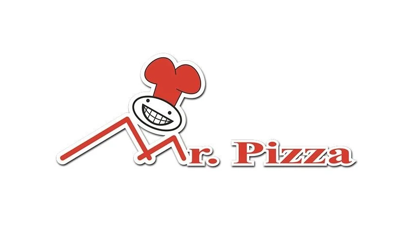 Logotipo de um personagem com sorriso usando um chapéu de chef, com o texto 'Mr. Pizza' ao lado.