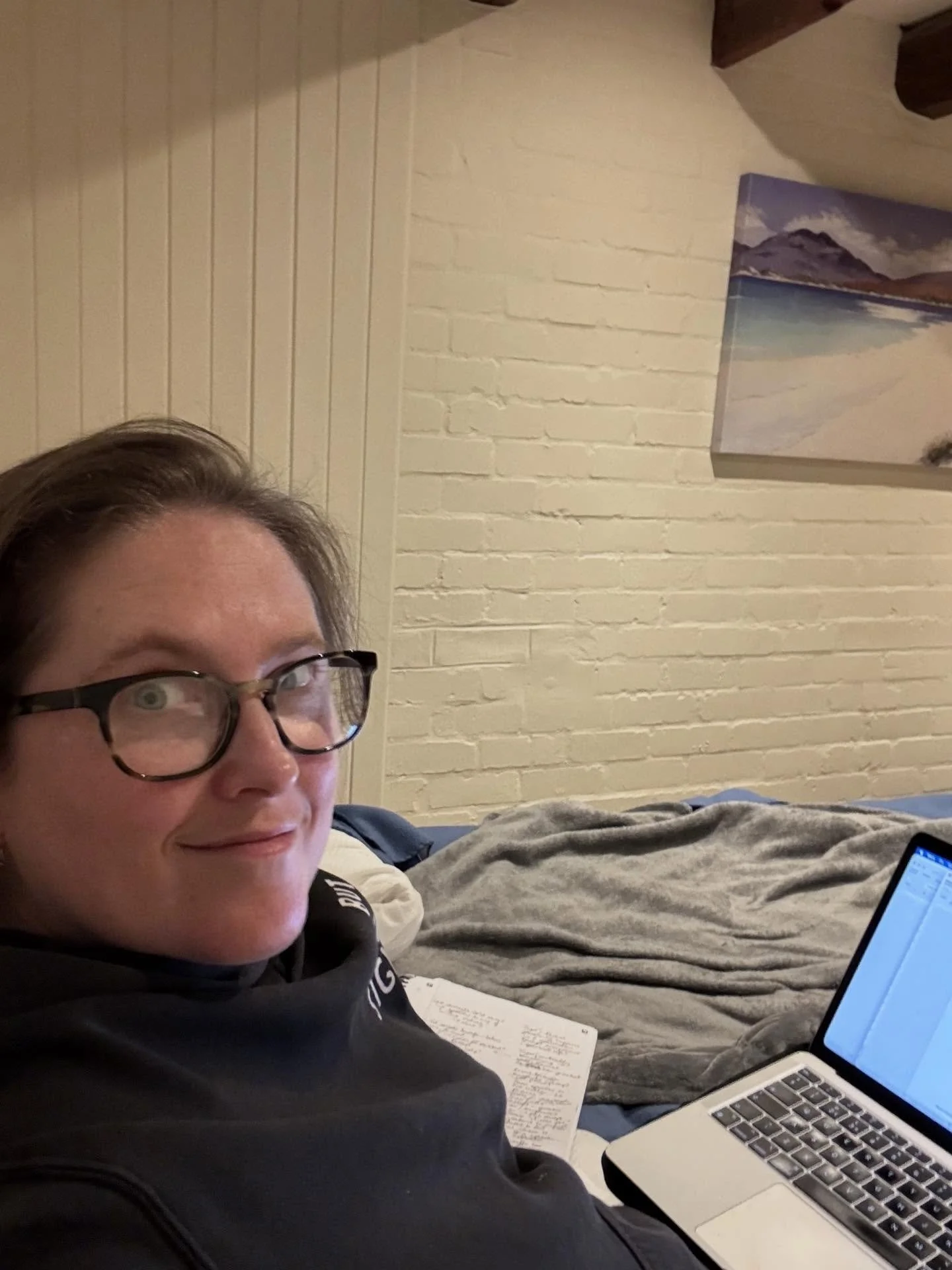 Today was the last day of our writing retreat - home tomorrow. And here&rsquo;s where I&rsquo;ve been working.
When I&rsquo;m at home I work at my desk, but away I do like to sit in bed. Generally surrounded by my notes and an array of discarded glas