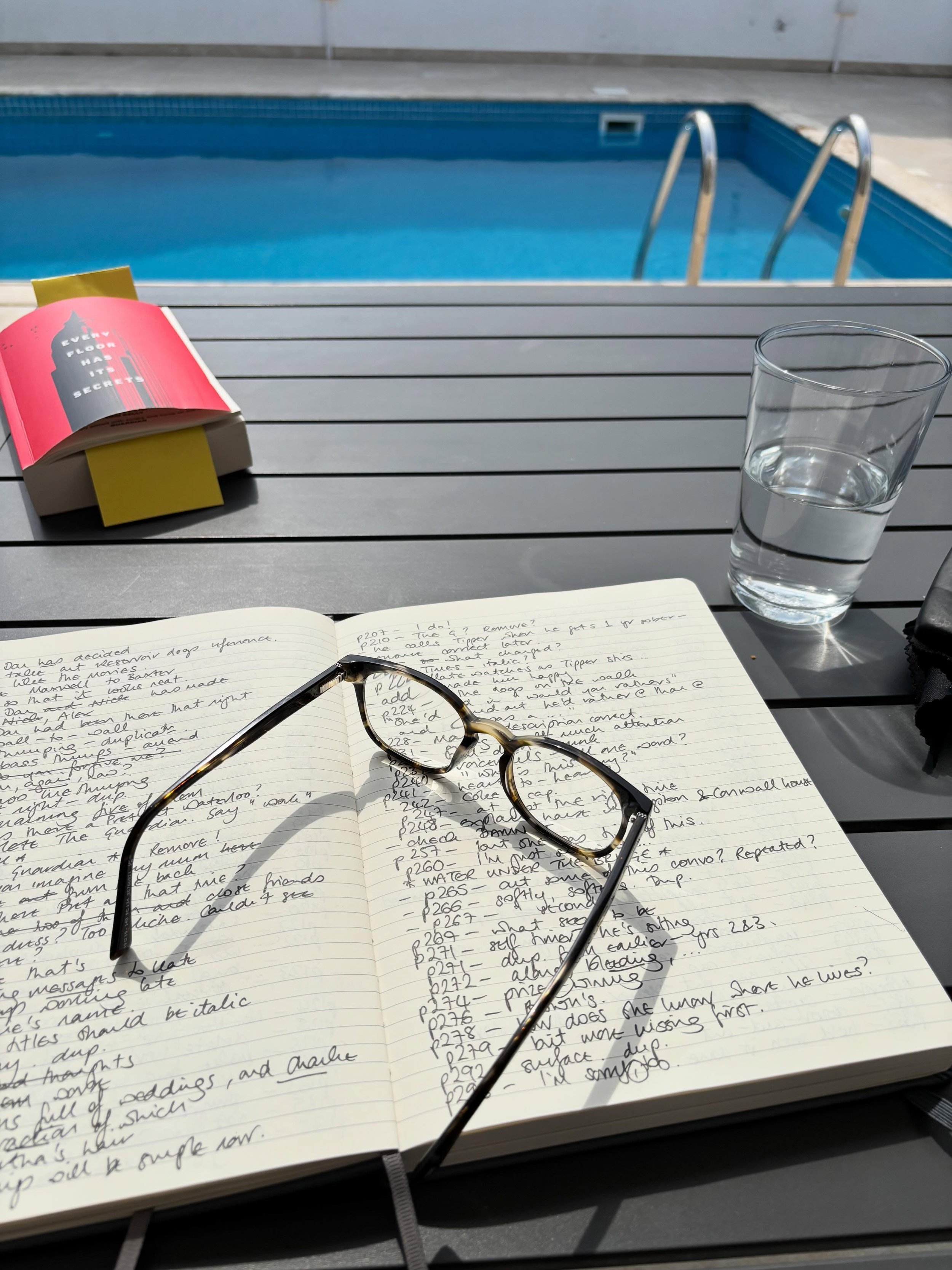 Editing by the pool. 6 pages of notes to amend when I get back home. And final assessment with a little distance: it&rsquo;s not bad. There is hope!
Now I need to read some books and eat some ice cream.
#holiday #sunshine #amediting