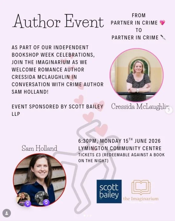 Still a few tickets left for our event this Monday (15th) with @imaginarium.books ! I can't wait to chat to @cressmclaughlin about her brilliant books and as two authors who love both romance and crime genres we have a lot to discuss. Tickets availab