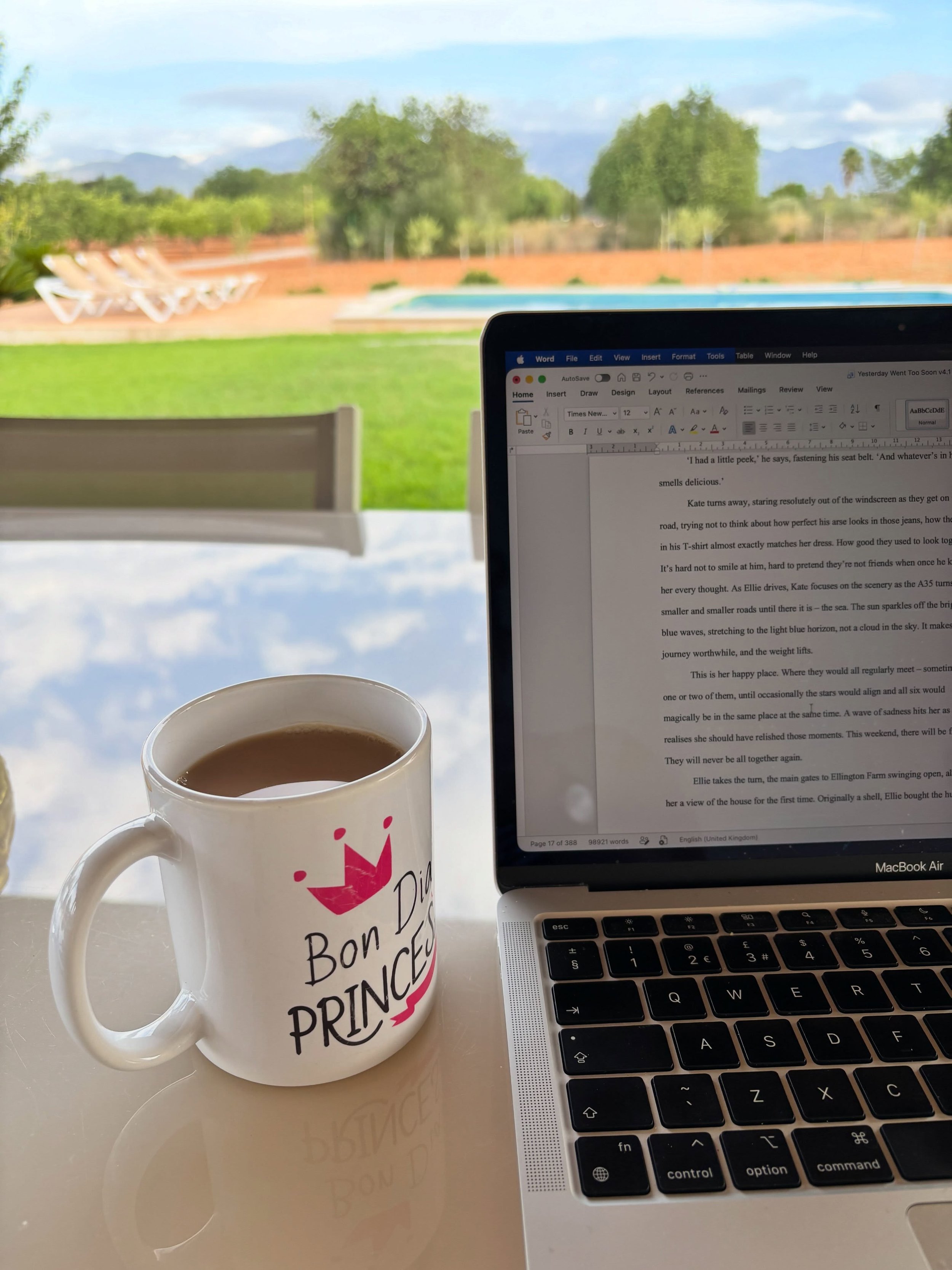 Editing has a whole new view this week!&rsquo;m on holiday but the cool mornings are perfect for sitting out here with the laptop.
I&rsquo;m editing The Romance again - adding a few last finishing touches and do a final run through. Trying to add som