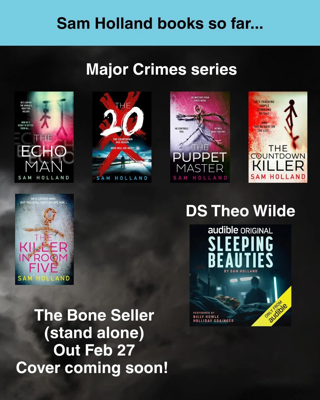 It's been a while since I shared one of these, so here are all the Sam Holland and Louisa Scarr books out to date, and a brief update on the ones to come!
#crimefiction #serialkillerthriller #bookstagram