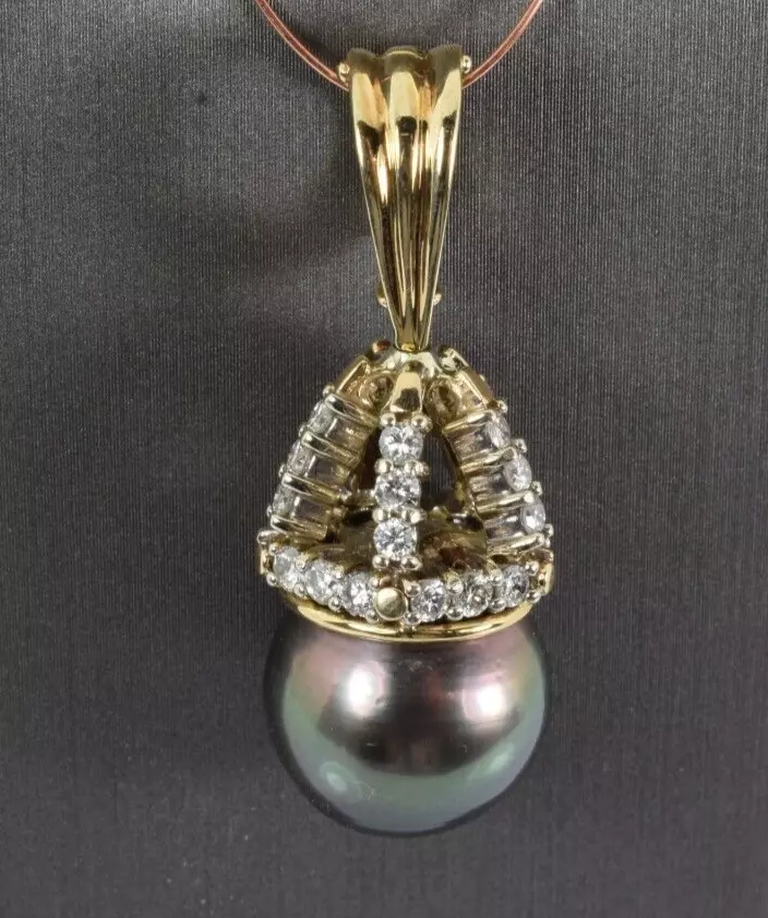$1000 -- Tahitian Pearl and Diamond Swivel Enhancer Pendant in 14k Gold