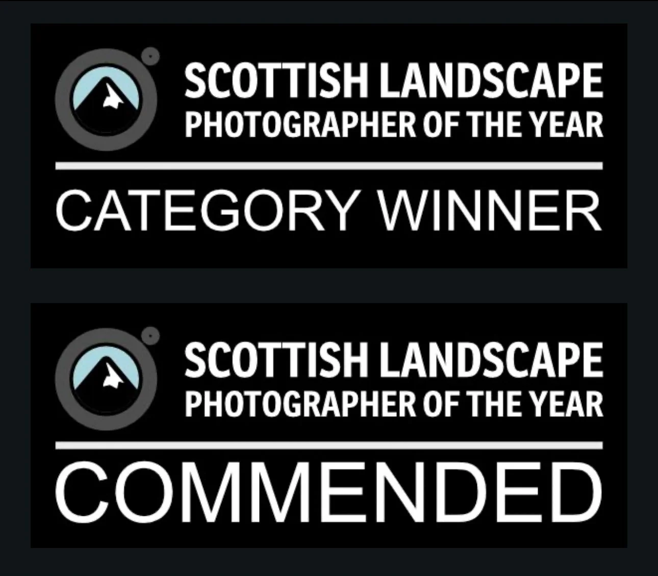 Two awards for Scottish Landscape Photographer of the Year, one for category winner and one recommended.