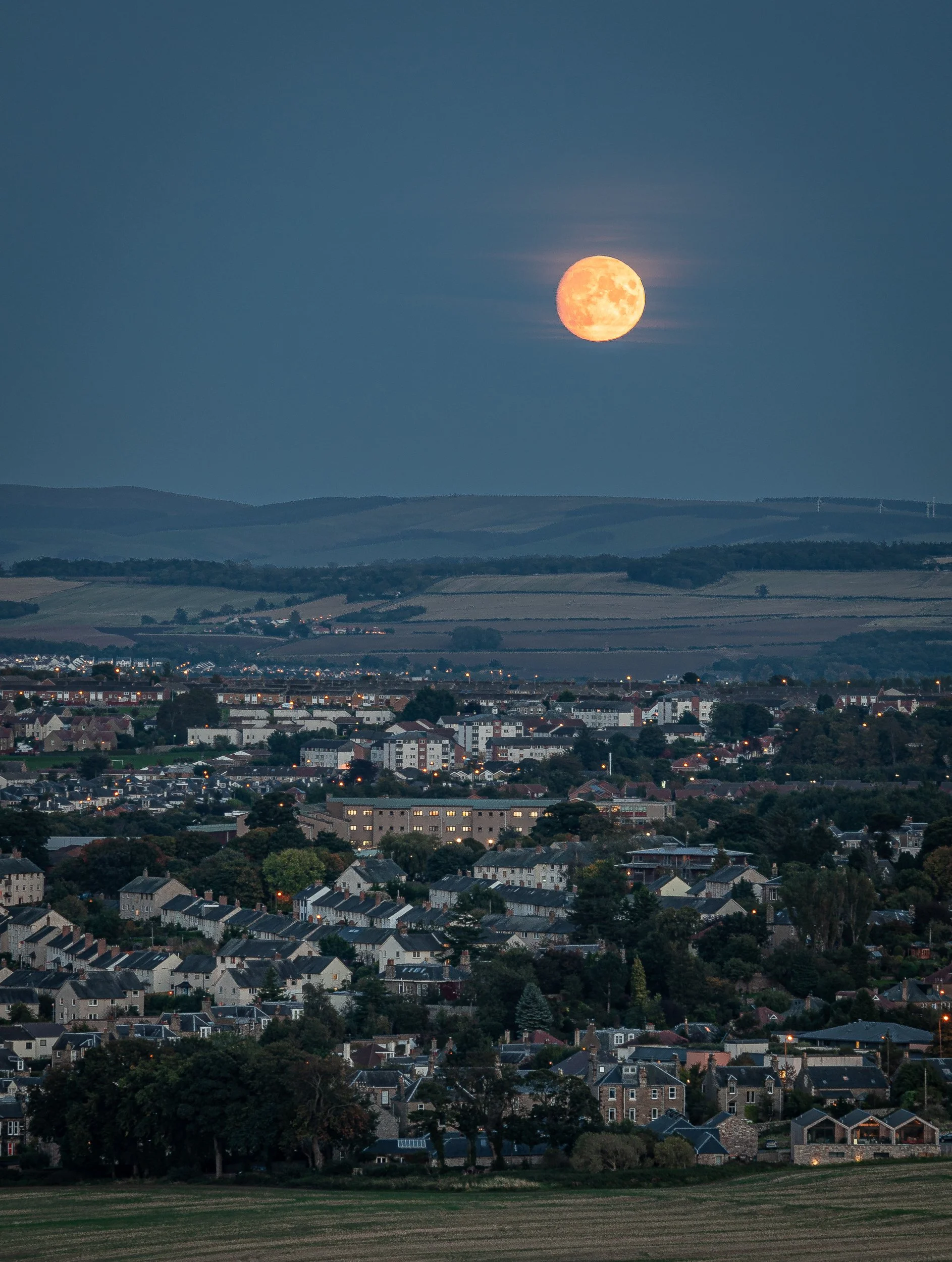 View of a town with residential houses and buildings beneath a large, bright full moon in a darkening sky.