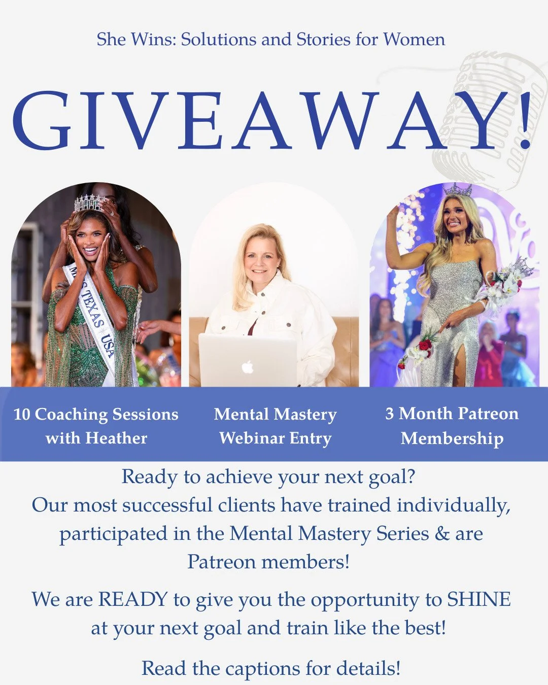Starting NOW until midnight central time Monday March 16 we are hosting a giveaway for:   

🌟10 Coaching Sessions  
🌟Mental Mastery Webinar Sign Up 
 🌟3 Month Patreon Membership  

To enter please follow @heathersumlin, @shewins.podcast on Instagr