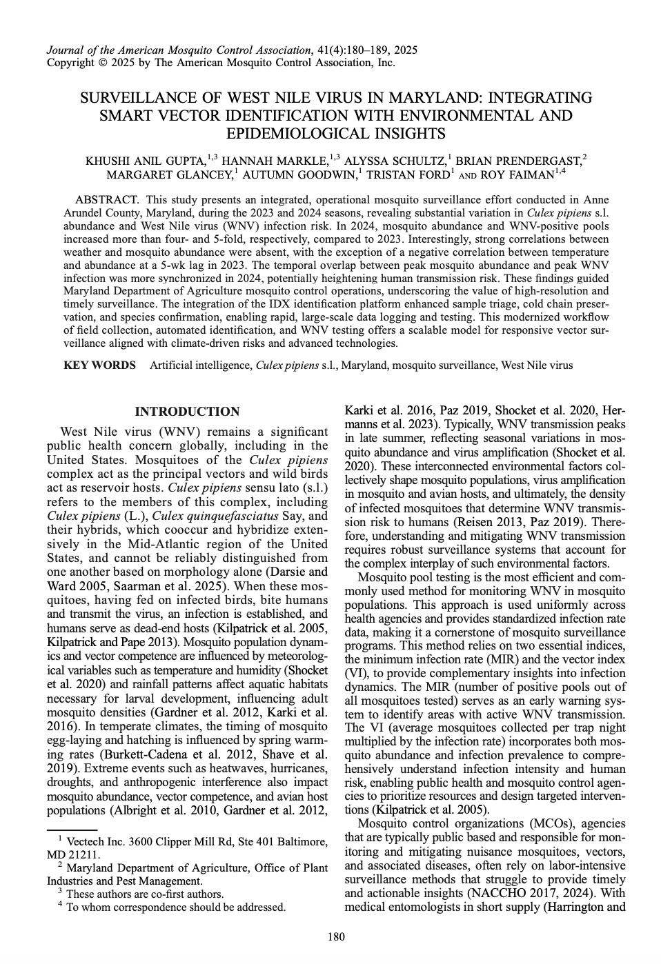 SURVEILLANCE OF WEST NILE VIRUS IN MARYLAND: INTEGRATING SMART VECTOR IDENTIFICATION WITH ENVIRONMENTAL AND EPIDEMIOLOGICAL INSIGHTS