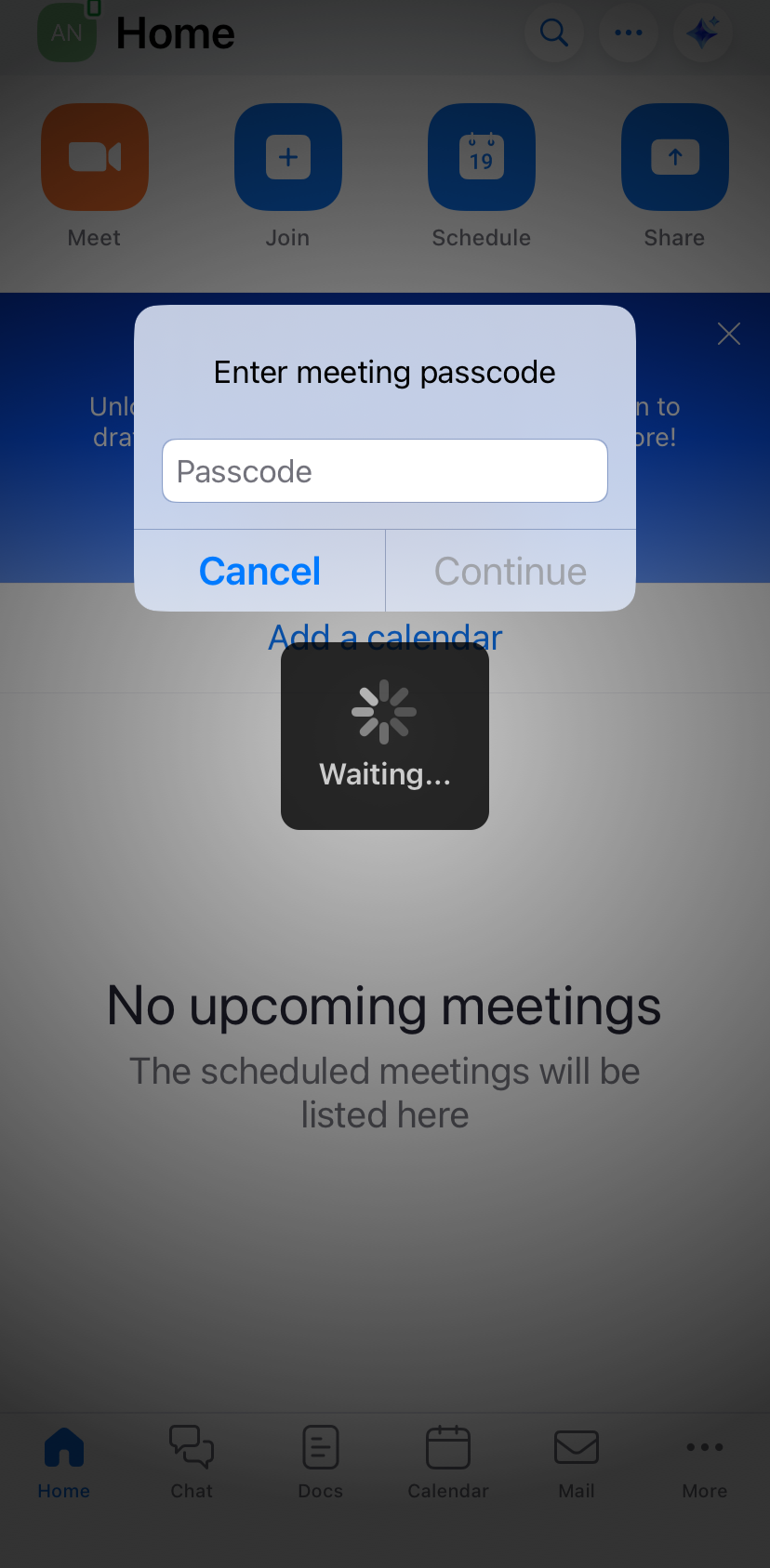 Zoom groups do not require passcodes. If you enter the password into this field you will get an error message and will not be able to join. The password is only required from the CAFA website, not in zoom. 