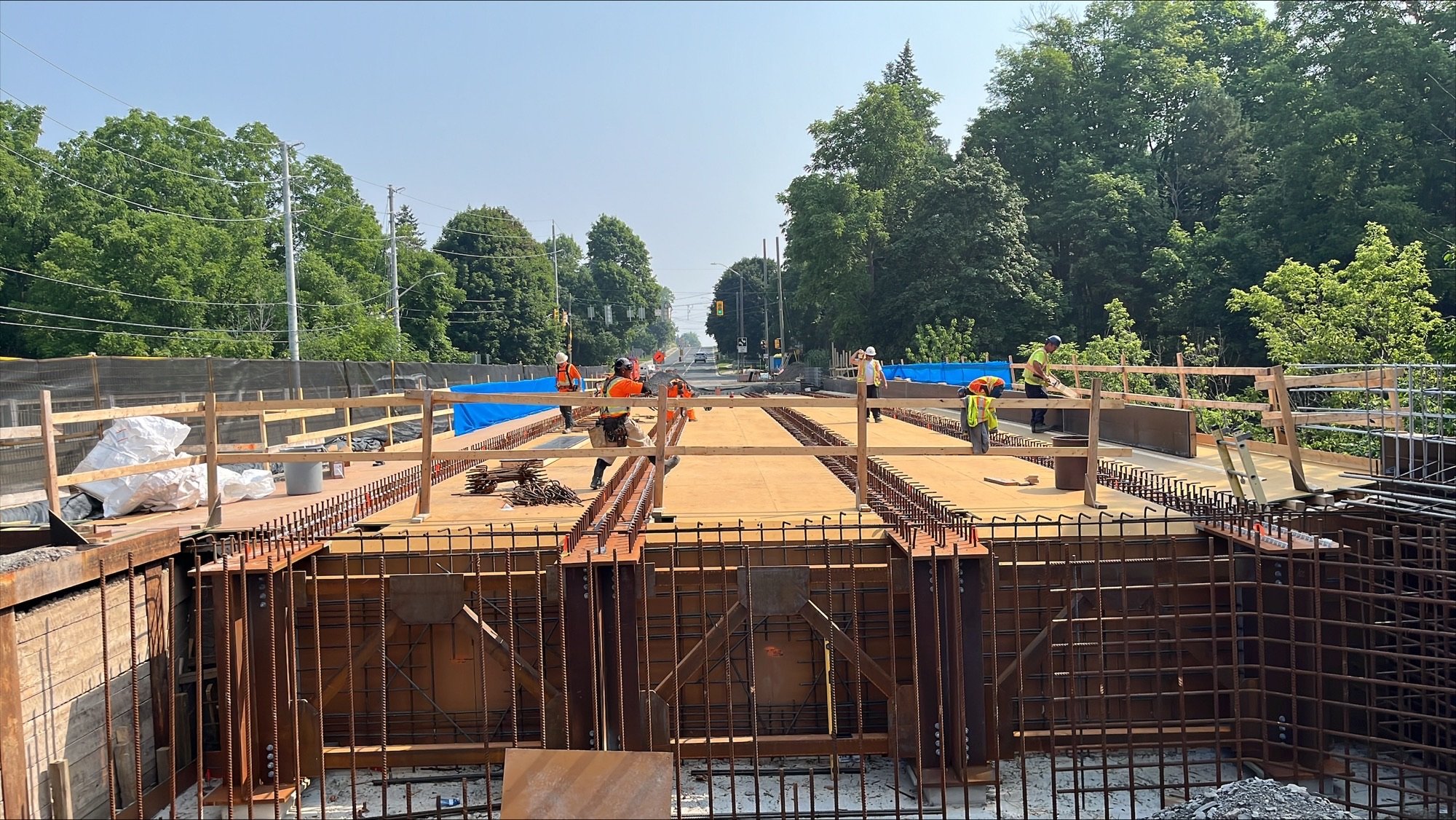 Work is progressing on the south bridge deck, on which two-way traffic will flow in fall