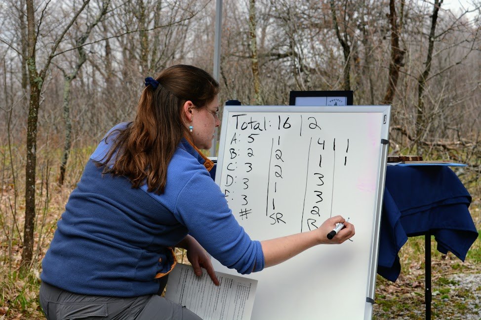  Land Protection Coordinator Julia Butch records data gathered by volunteers on the locations of salamanders found during the survey. 