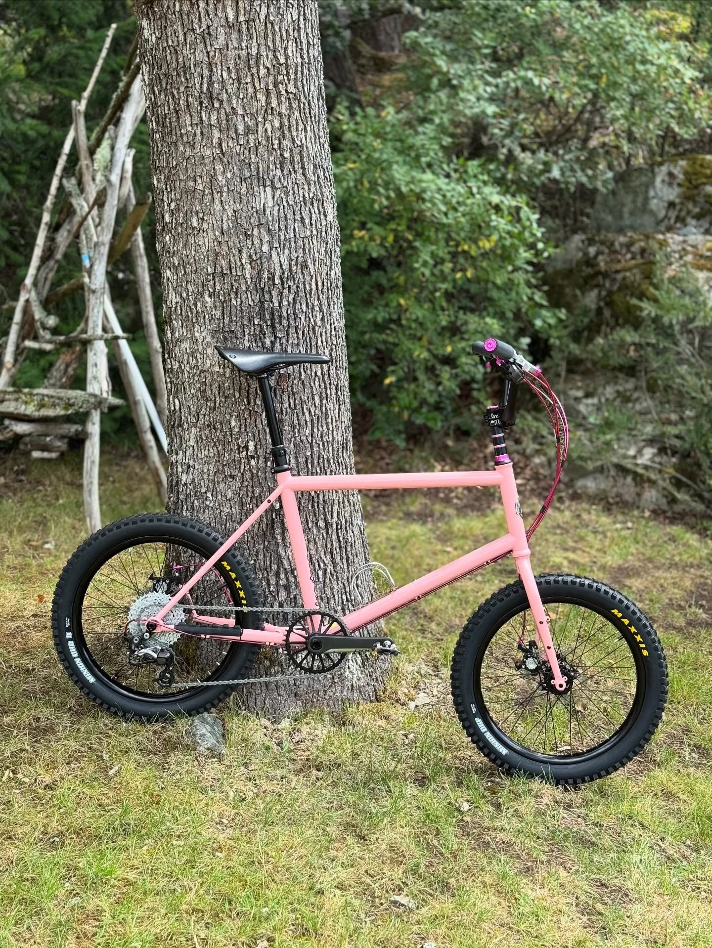 It&rsquo;s ridiculous, and IT&rsquo;S PINK! While the @kyootbikes RollyPolly comes as a complete bike, it got stripped down to the bare frame as soon as it made it to my shop. Custom parts out the wazoo:

@paulcomponent Klamper Brakes, Love Levers, D