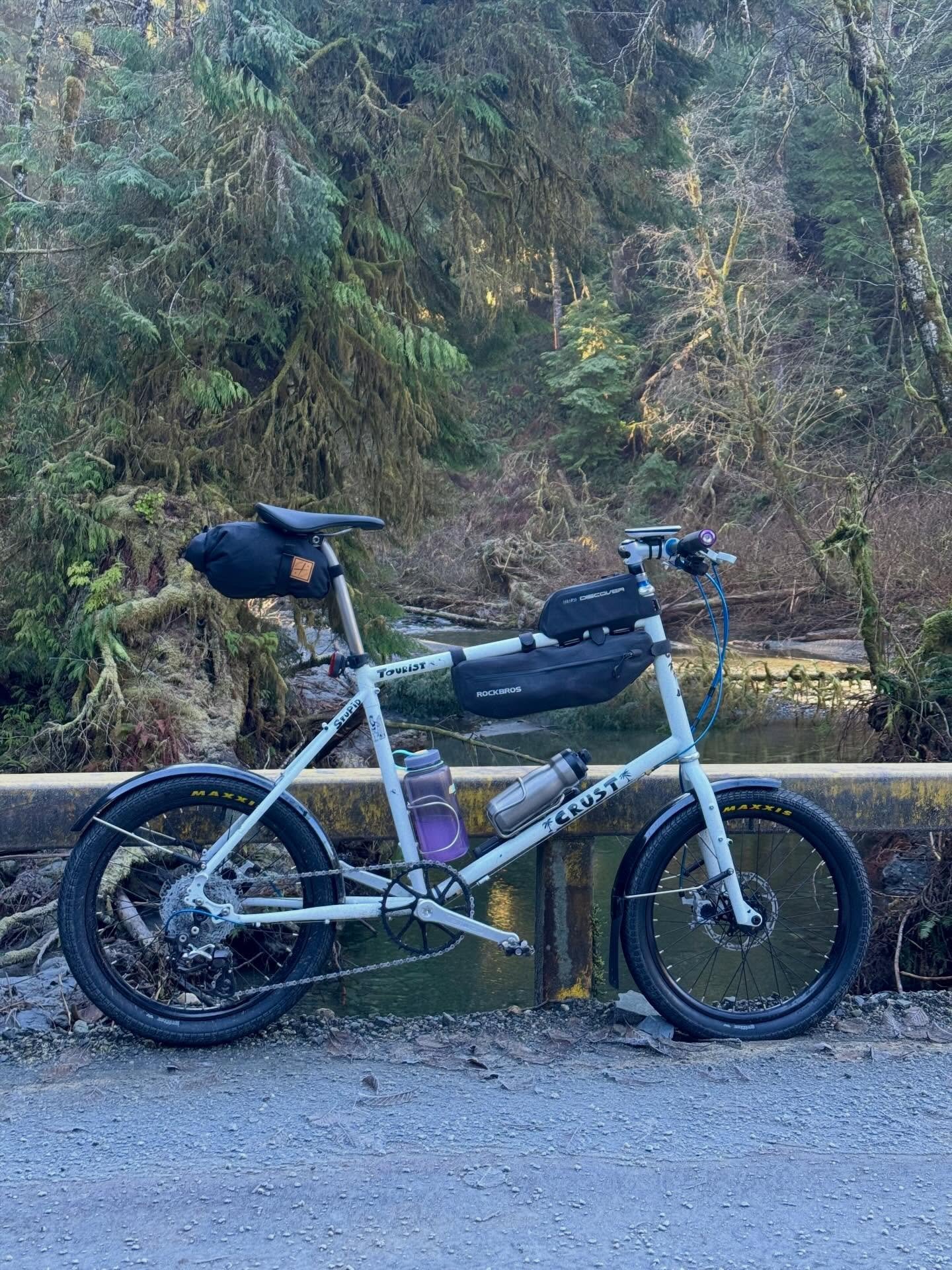 Just completed some 'Product Testing' [AKA riding my bike], of the newest Mini-Velo in the family fleet. A quick run down:
Frameset: Crust Stupid Tourist [ @crustbikes 
Headset: Chris King NoThreadSet [ @chriskingbuzz ]
Seatpost: Moots Ti Cinch Post 