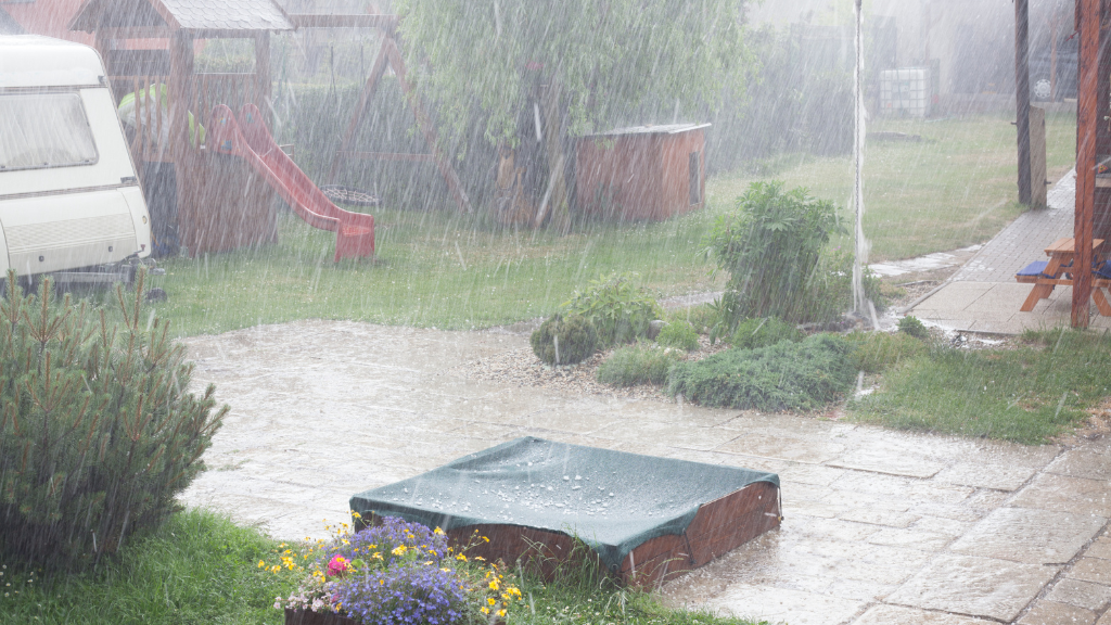 An old abandoned water tower surrounded by trees during sunset.