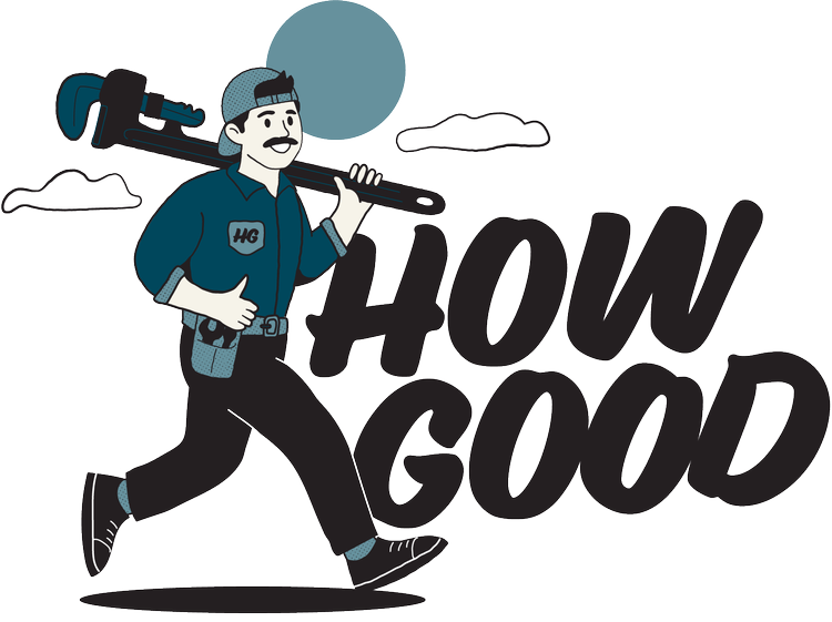 How Good logo with Gaz the plumber carrying a pipe wrench