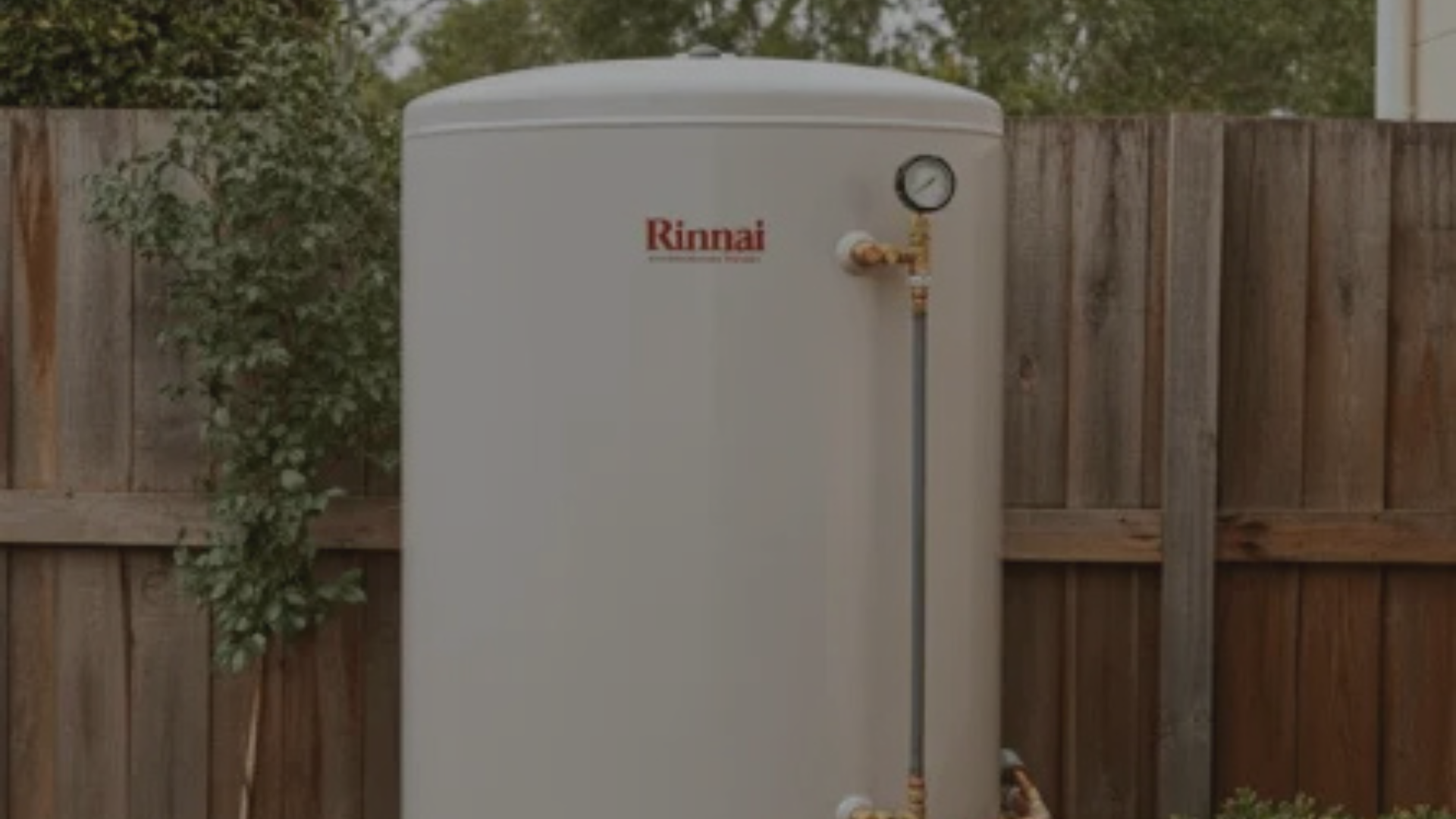 An outdoor Rinnai water heater installed next to a wooden fence, with some plants nearby.