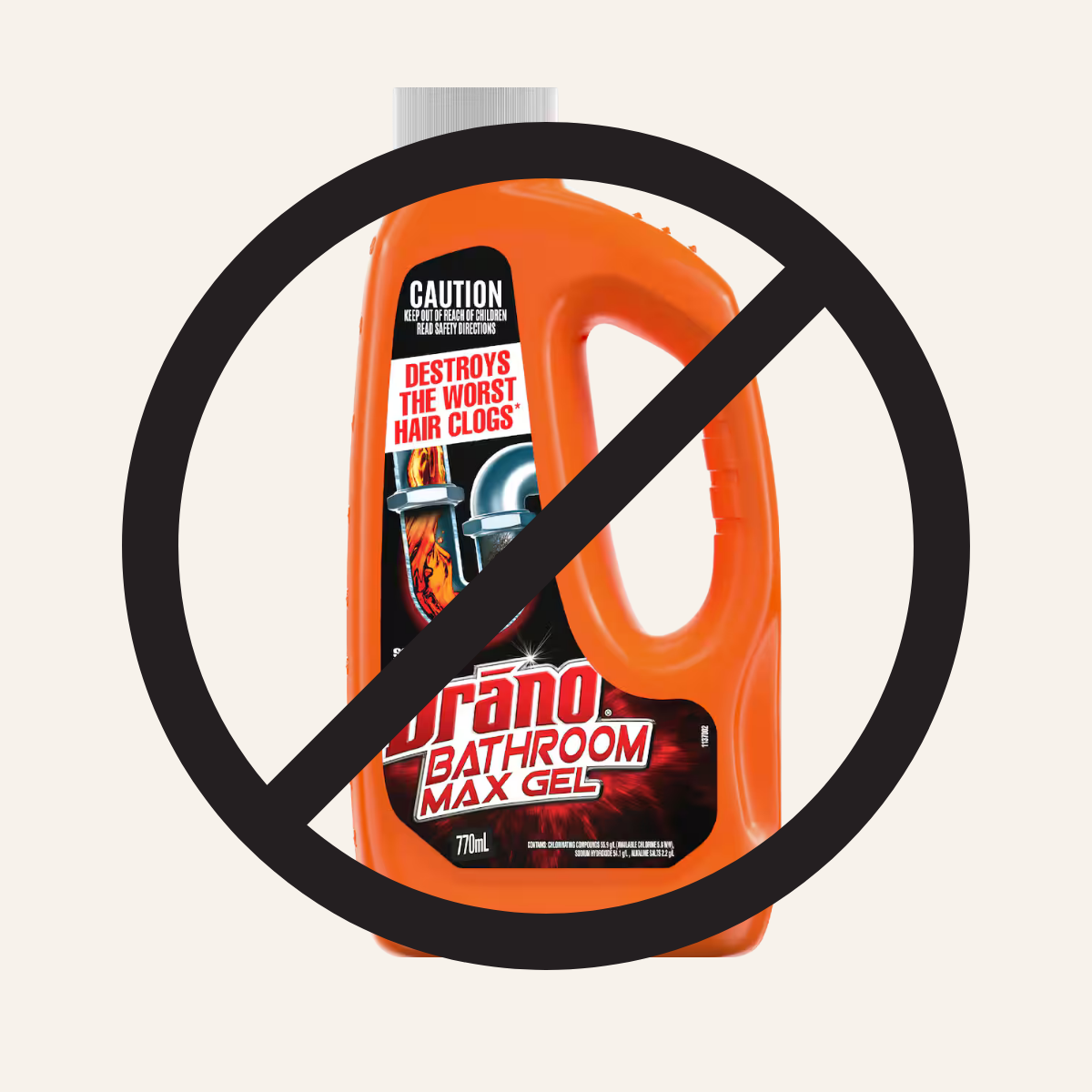 Bottle of Drano drain cleaner with a no symbol over it