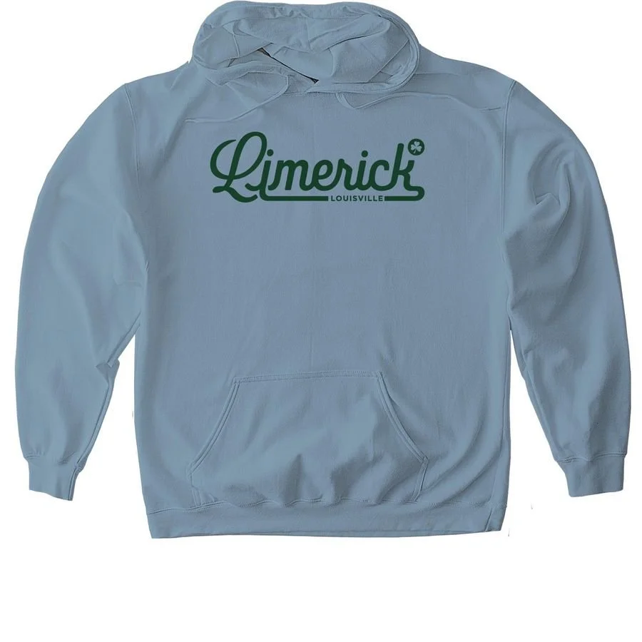 Light blue hoodie with a dark green “Limerick Louisville” logo on the chest.