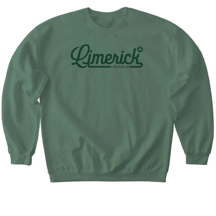 Sage green crewneck sweatshirt with a dark green “Limerick Louisville” logo printed across the front.