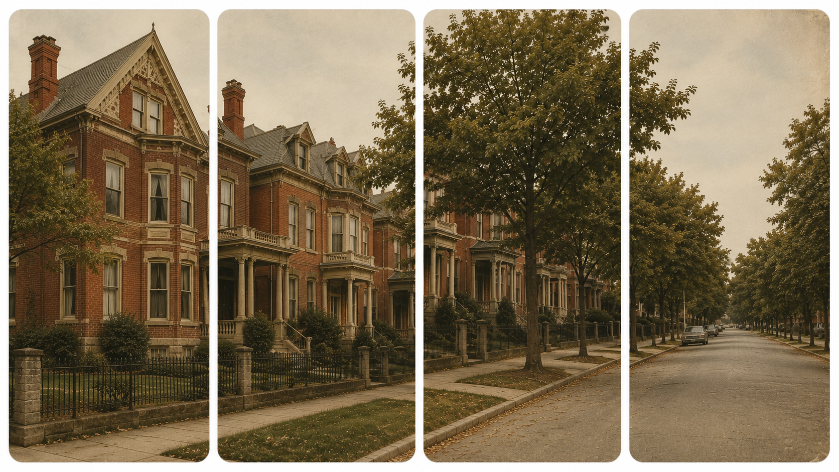 A vintage sepia-toned photograph of a row of historic Victorian-style brick houses on a quiet tree-lined street.