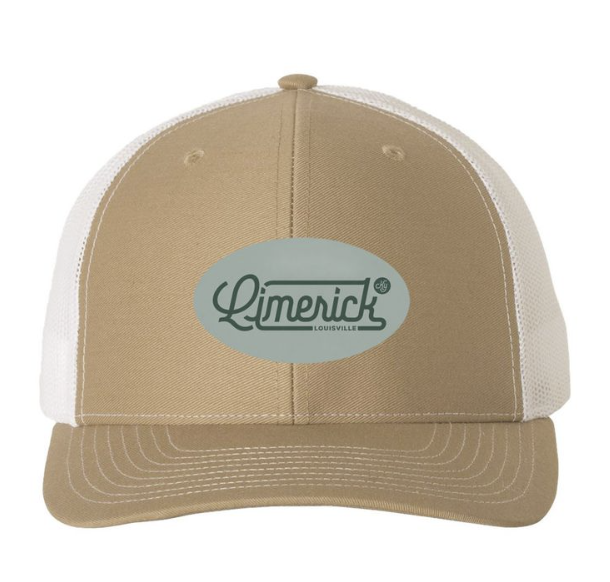 Tan and white trucker hat featuring the “Limerick Louisville” logo on the front panel.