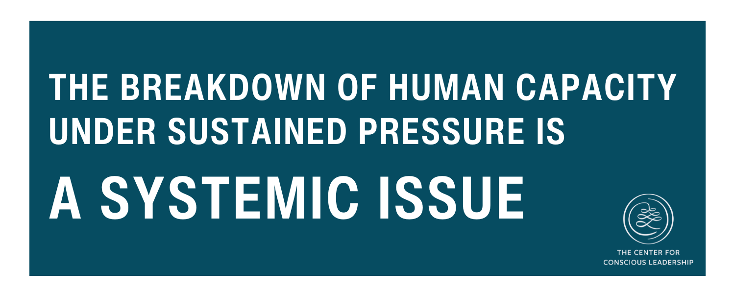 Dark teal quote graphic from The Center for Conscious Leadership reading: "The breakdown of human capacity under sustained pressure is a systemic issue," emphasizing trauma-informed leadership and systemic change.