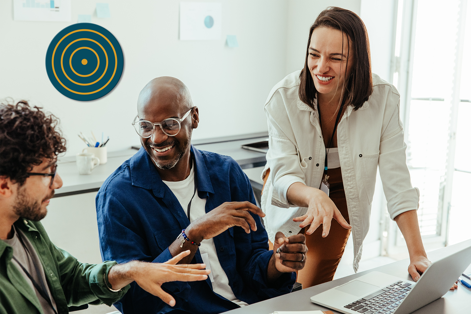 The image is an icon with two overlapping circles, there is an eye shape in the center semicircle. , the icon is yellow with a white background.