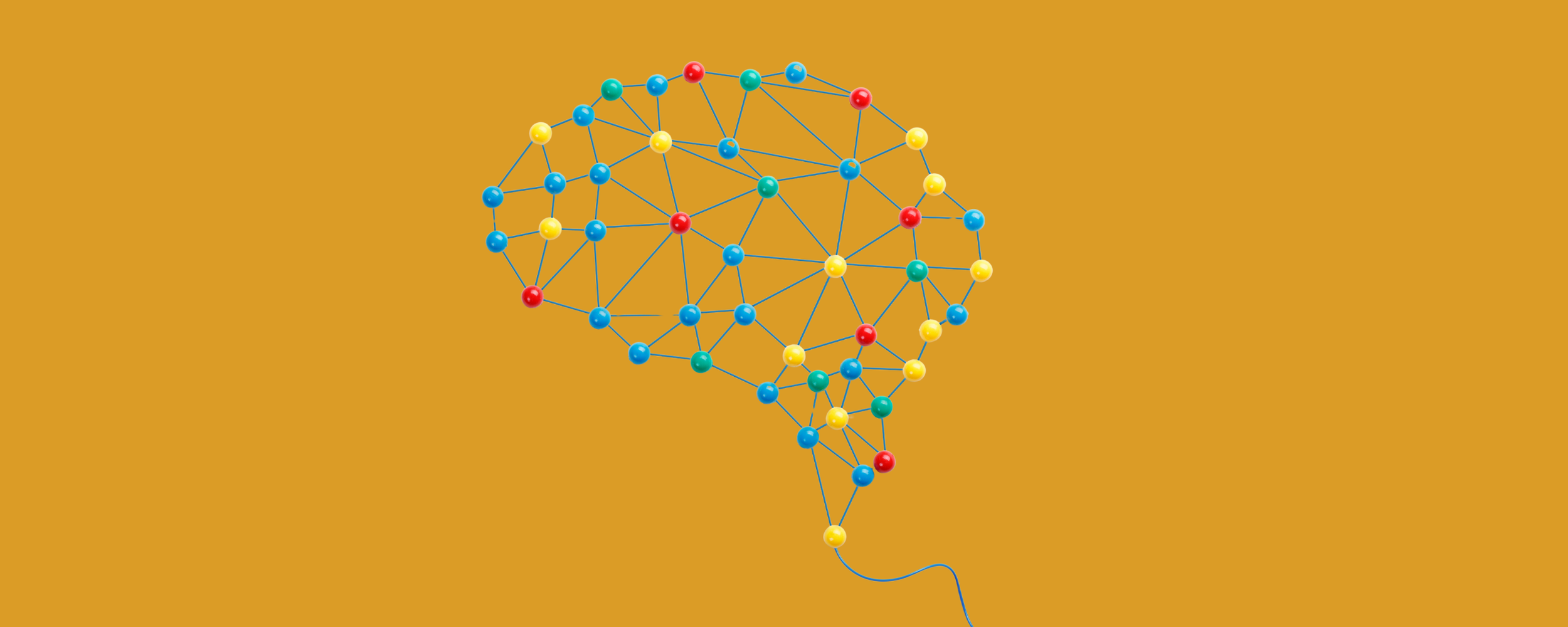 Illustration of a human brain formed by a network of multicolored push pins and connecting blue strings on a vibrant yellow background, symbolizing interconnectedness, influence, and systems thinking.