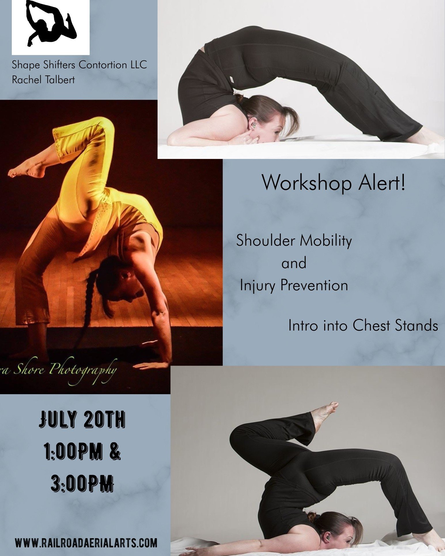 Shape Shifters Contortion LLC's Rachel Talbert will be stopping by the studio on July 20th to bring TWO wonderful workshops! 

A bit about Rachel: She began her formal circus training at New England Center for Circus Arts in Brattleboro VT in Contort