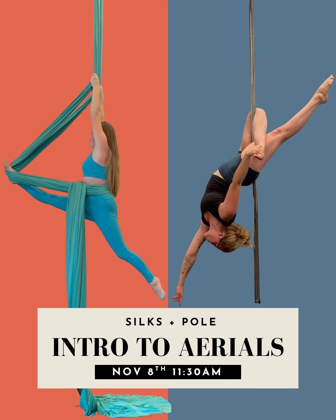Join us for our next Intro to Aerials Class on Saturday, November 8th at 11:30am! This month's class will focus on Silks + Pole and it's sure to be tons of fun. The class is 90 minutes and tickets are $45. 

Go to the link in our bio to reserve you s