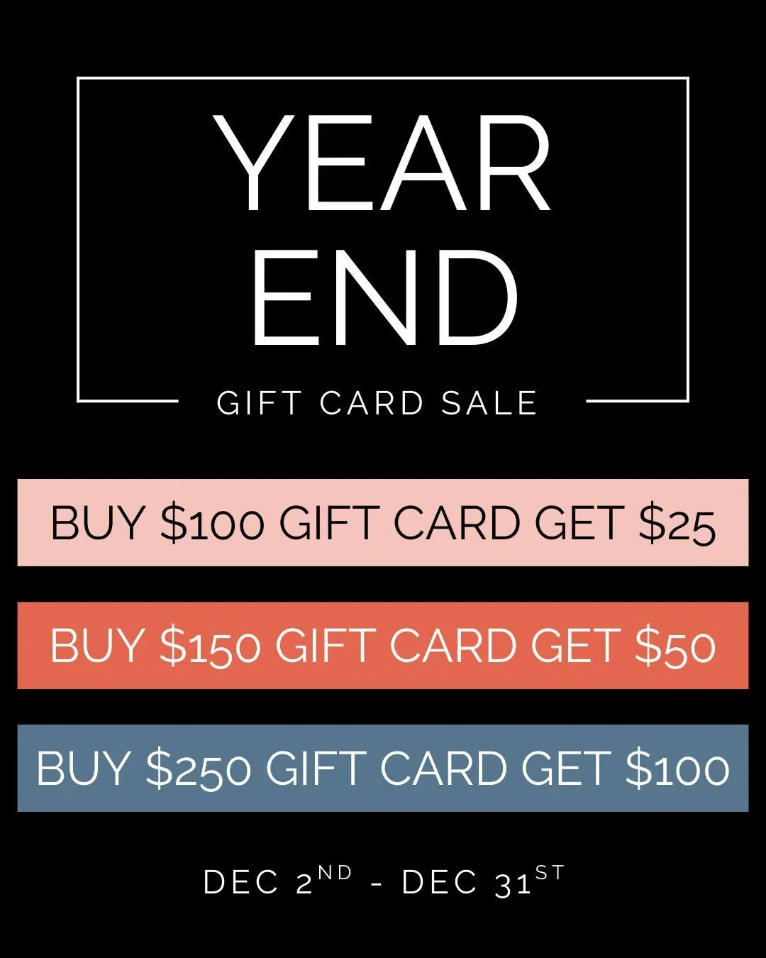 Black Friday may be over but we've still got some great deals that go perfectly in stockings or under the tree 🎄 these bonuses are live through the end of the year 

🎁 Buy a $100 GC and get a bonus $25! ($125 total)

🎁 Buy a $150 GC and get a bonu