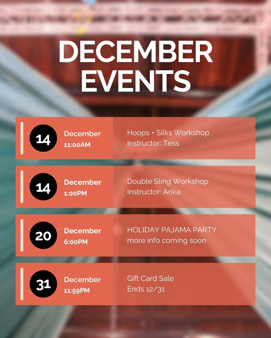 We are closing out the year with a bang 💥 starting with...

⭐ Hoop + Silks Workshop on December 14th at 11:00am with Tess. There are still 4 open spots and we'd love to see them filled! Tickets are $65 and you can snag yours from the link in our bio