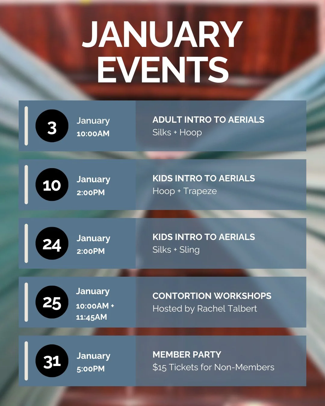Sooooo many cool things to start out the year! 

First we have THREE Intro to Aerials Classes: 

⭐ Jan 3rd - Adult Intro to Aerials (Silks + Hoop), 10am

⭐ Jan 10th - Kids Intro to Aerials (Hoop + Trapeze), 2pm

⭐ Jan 24th - Kids Intro to Aerials (Si