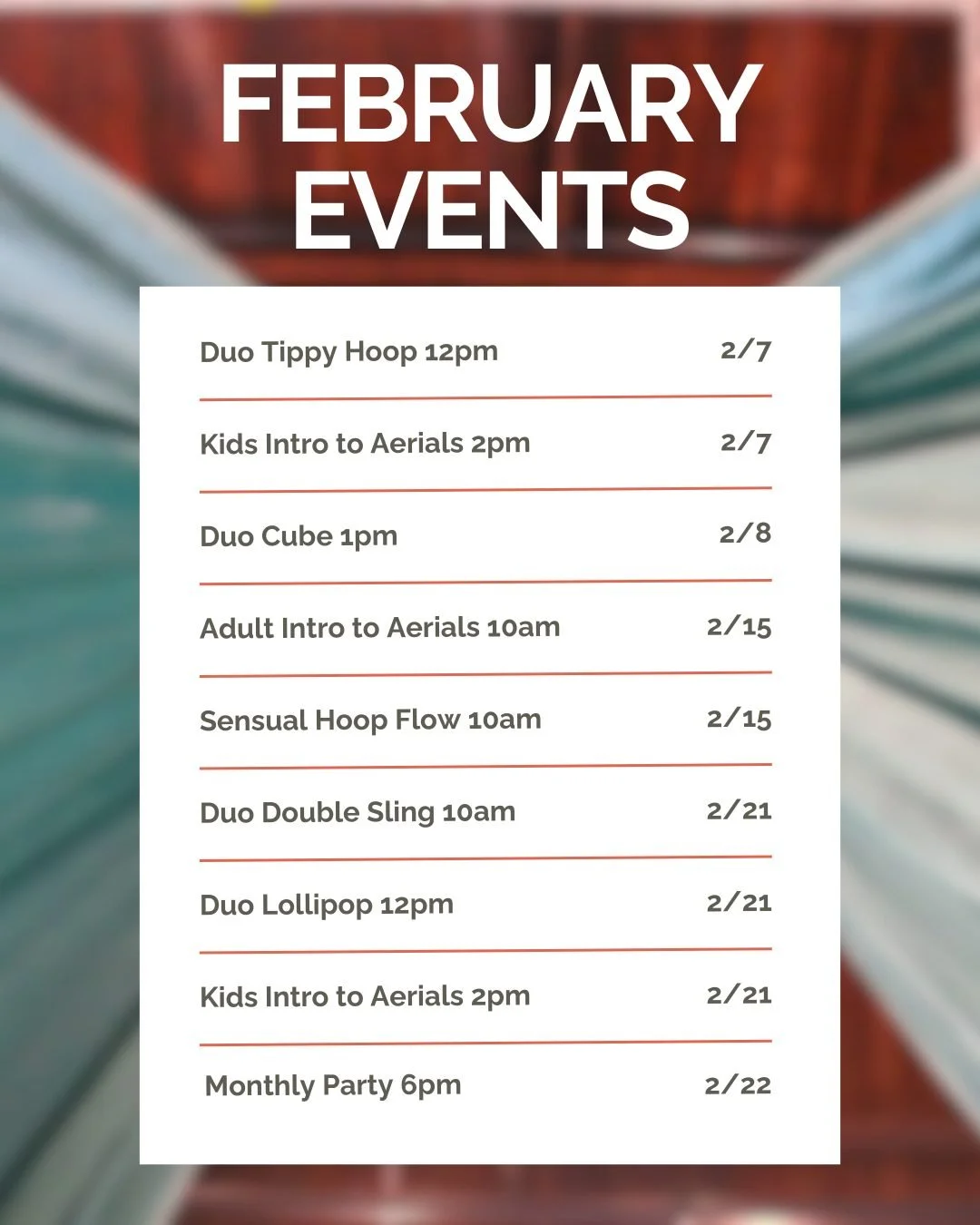 I'm not at all overwhelmed by all the February Events we have planned...😬

❤️ Duo Tippy Hoop with @magical_phoenix_ on Feb 7th at 12pm

❤️ Kids Intro to Aerials with @ashleyhunter28 on Feb 7th at 2pm

❤️ Duo Cube with @magical_phoenix_ on Feb 8th at