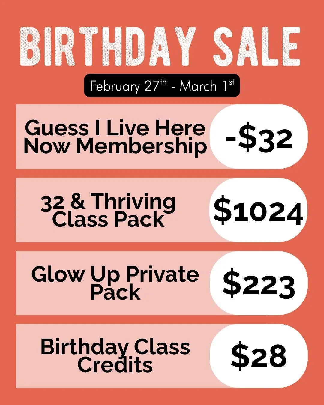 it's hereeeeeee

Check out all the things we're offering during this year's BIRTHDAY SALE: 

🎂 Guess I Live Here Now Membership - $32 off first month of annual membership, use the code h32bd-ashley at checkout.

This is for those who are ready to ma