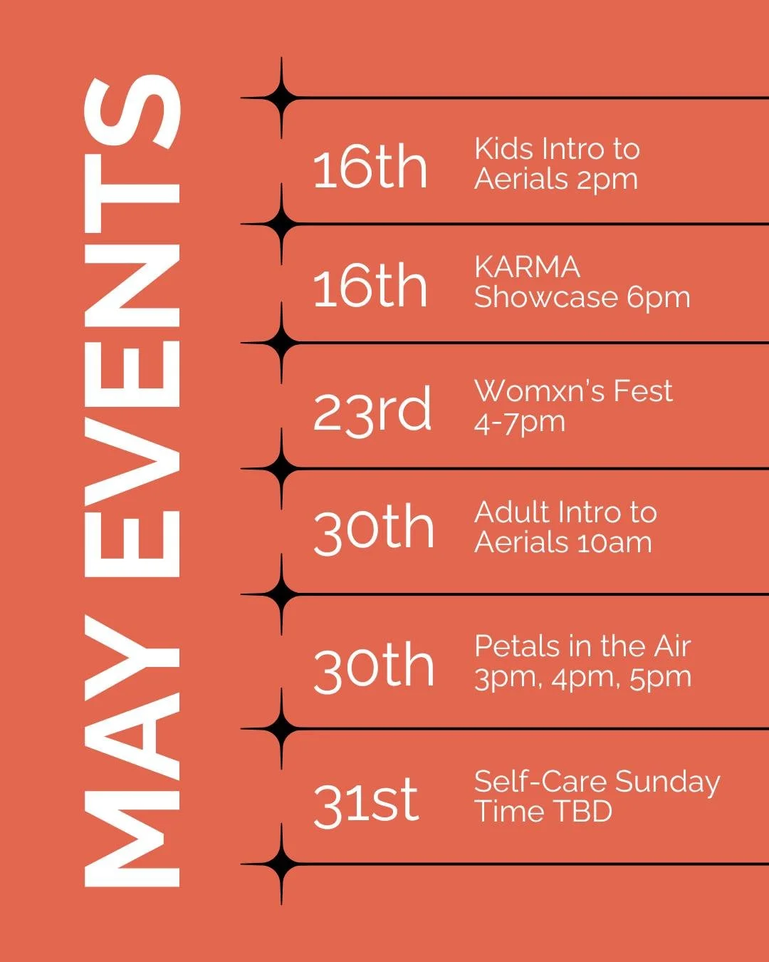 We have some fun things happening in May: performances, self care, festivals, flowers, and (as usual) some upside down fun time! Check out all the events:

🐝 May 16th - Kids Intro to Aerials at 2pm

🐝 May 16th - Adult Showcase (KARMA), doors open a