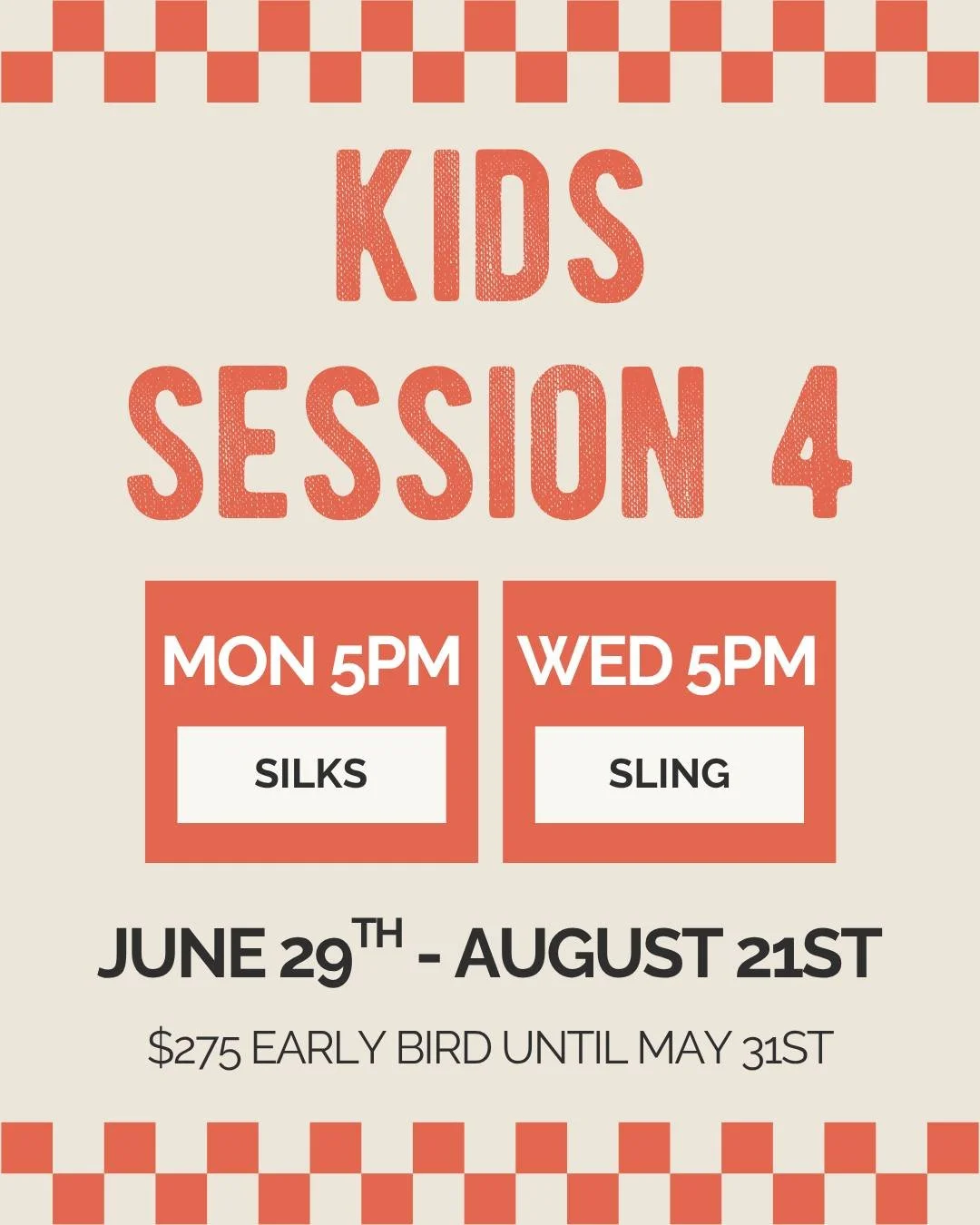Sign ups are open for our next 8-week Kids Session! 

Session 4 will run from June 29th to August 21st for ages 8-16. Your child will get 8-weeks of progressive skills building on either Beginner Silks (Mondays at 5pm) or Beginner Sling (Wednesdays a