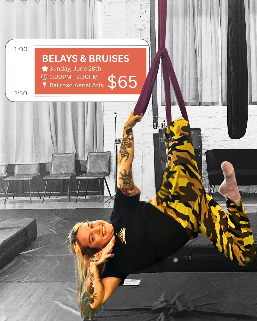 🚨 Calling All The Sling Girlies 🚨

Belays &amp; Bruises coming your way on Sunday, June 28th at 1pm! 

Join Arika for a 90-minute workshop covering sling belays and drops! During this time you'll work with Arika on 2-3 belays and 2-3 drops she does