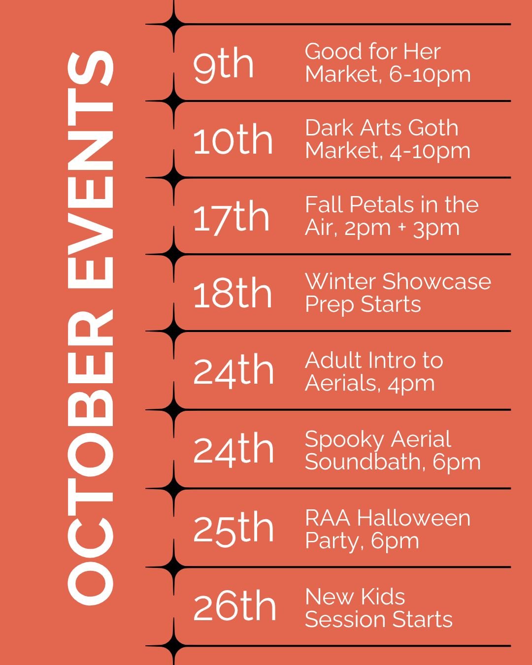 October is a busy month!

We're closed for a weekend in the middle, but have no fear...we'll be out in the public instead! Join us for the Good for Her Health &amp; Wellness Market on Friday the 9th and the Dark Arts Goth Market on Saturday the 10th 
