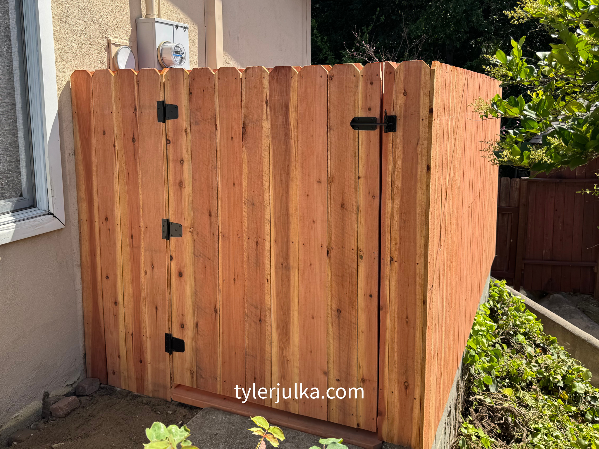 Wooden fence with black hinges and latch, adjacent to house wall with electrical meters, gardening plants in front, and a garden hose on the right.