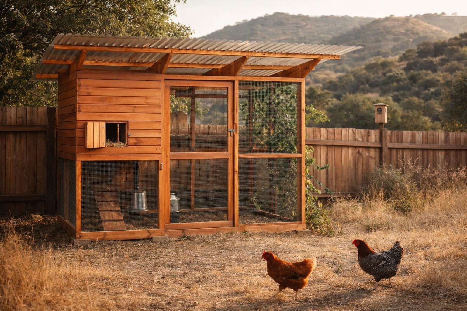 Chicken coop with two chickens outside, surrounded by dry grass, wooden fence, and hills in the background.