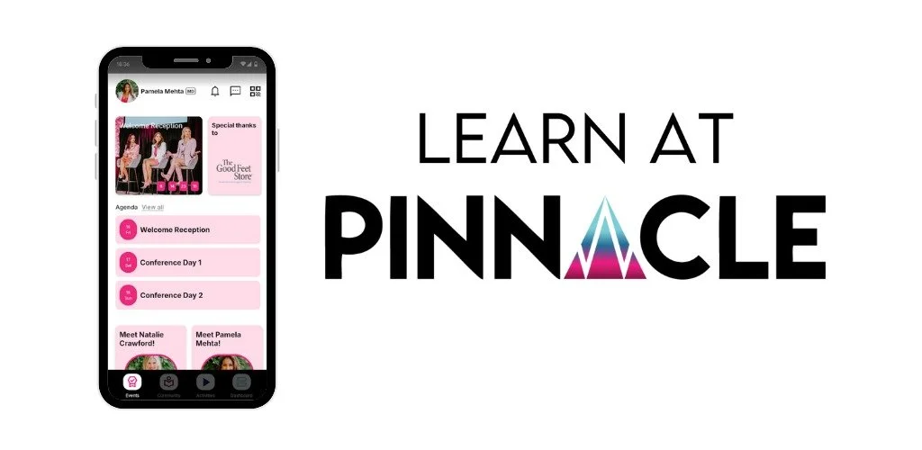 Smartphone screen displaying event app with agenda and speakers, next to text "Learn at Pinnacle" with stylized letter "A" in Pinnacle logo.