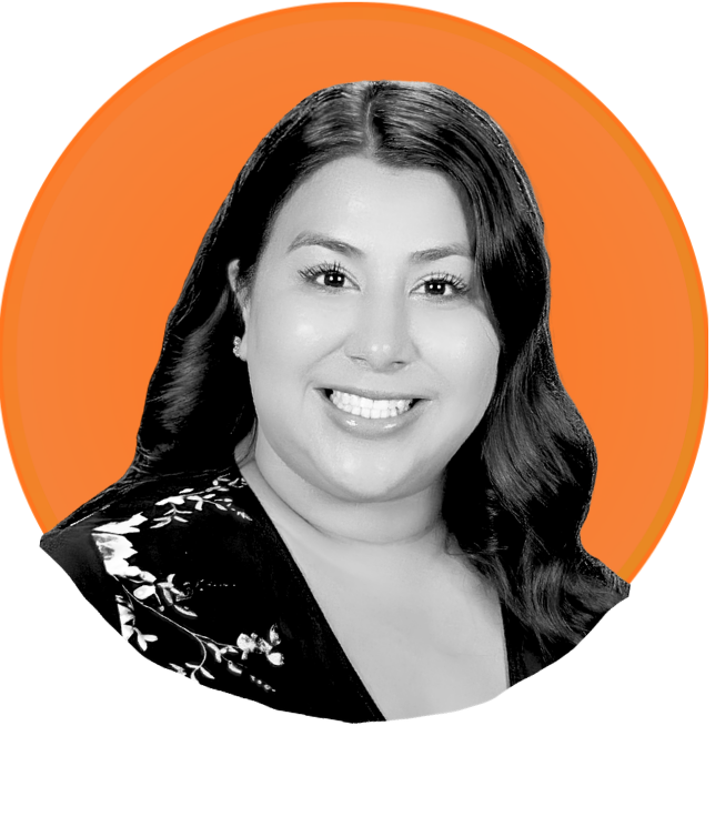 A woman with long, dark hair smiling at the camera, wearing a floral-patterned top, in front of an orange circular background.