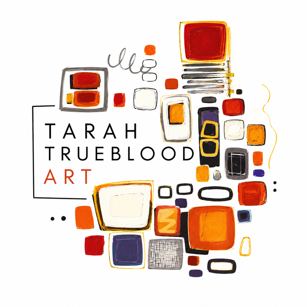 An abstract artistic digital illustration featuring colorful squares and rectangles around the text 'Tarah Trueblood Art' on a white background.