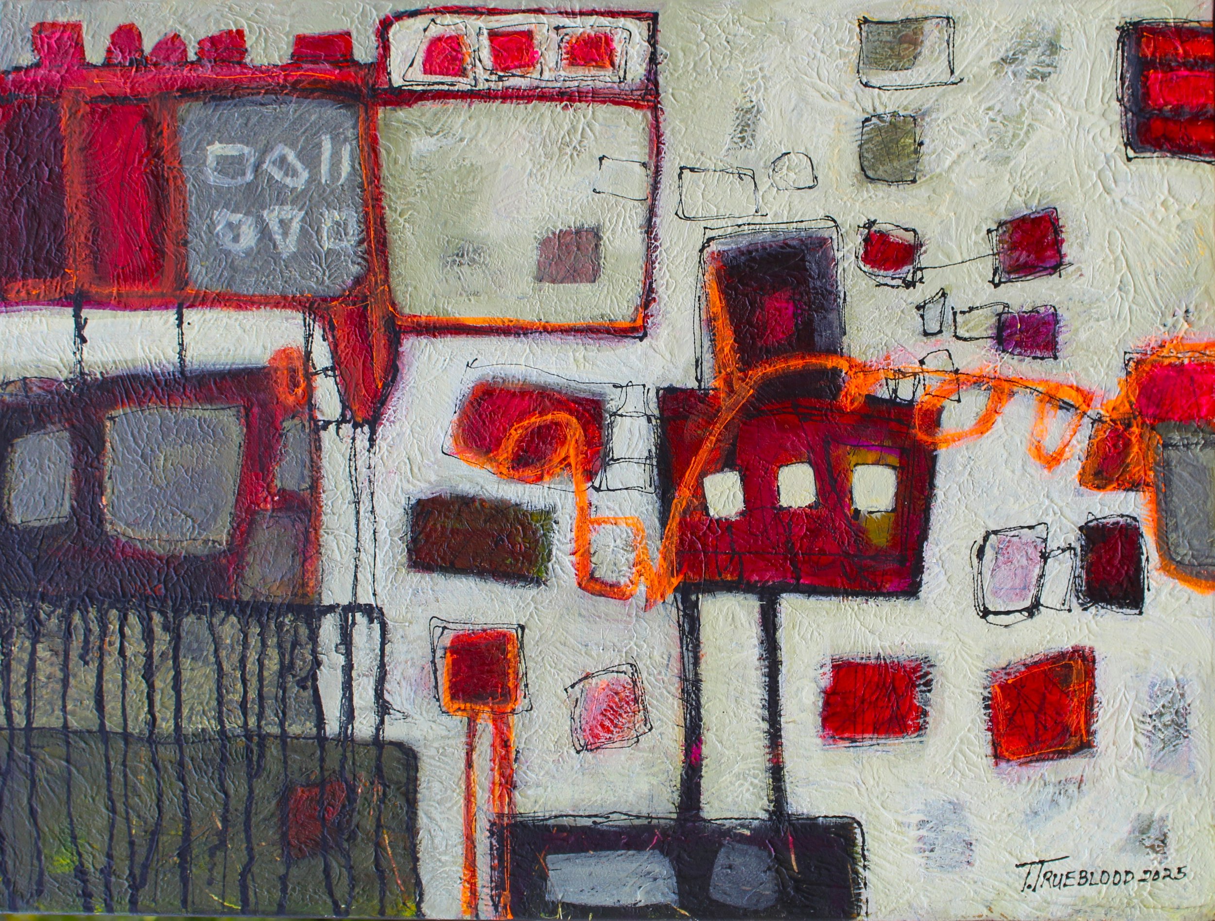 Abstract painting featuring a series of interconnected squares and rectangles in red, orange, black, and pink on a textured cream background.
