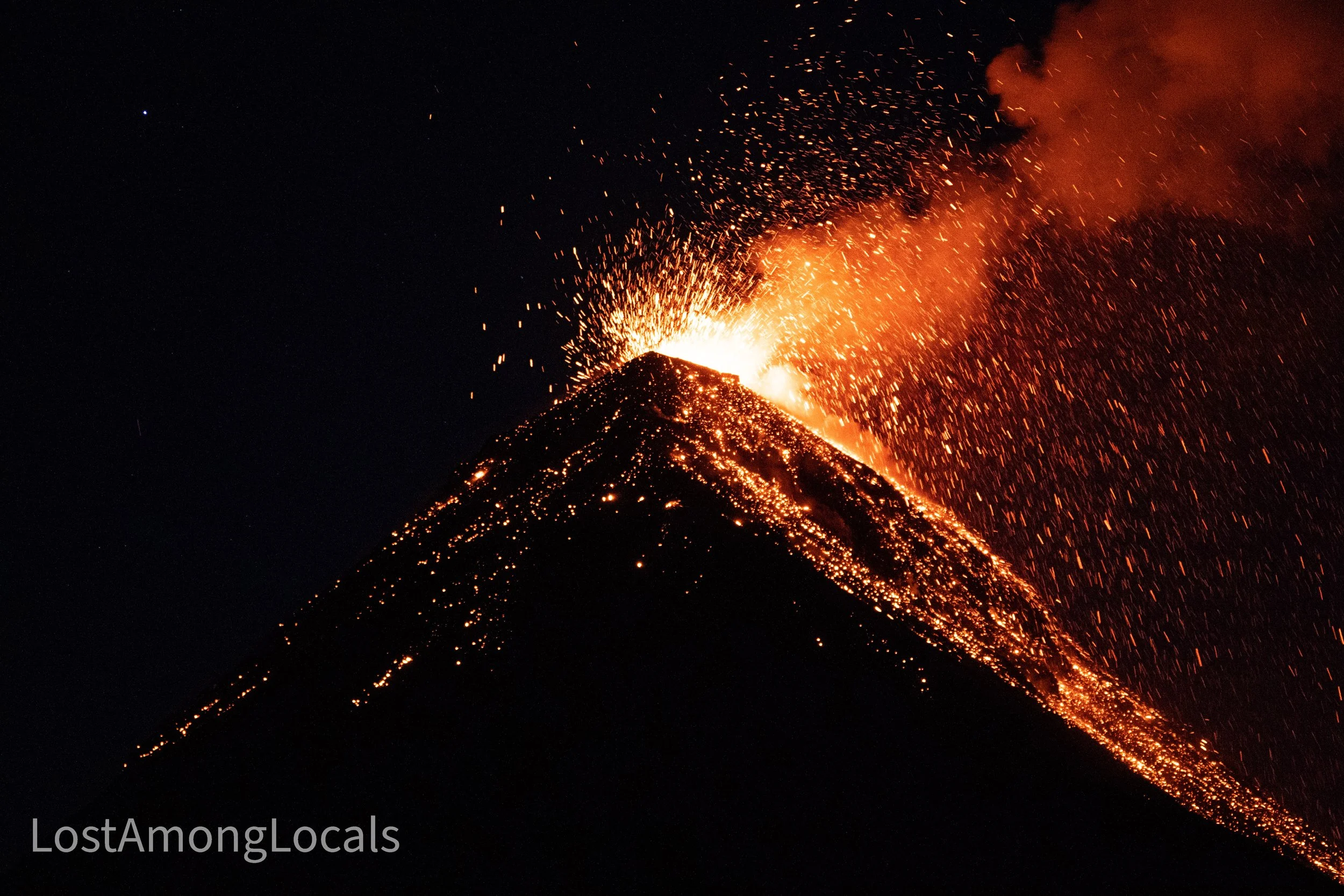 Volcano de Fuego erupting in Guatemala with lava spray at night
